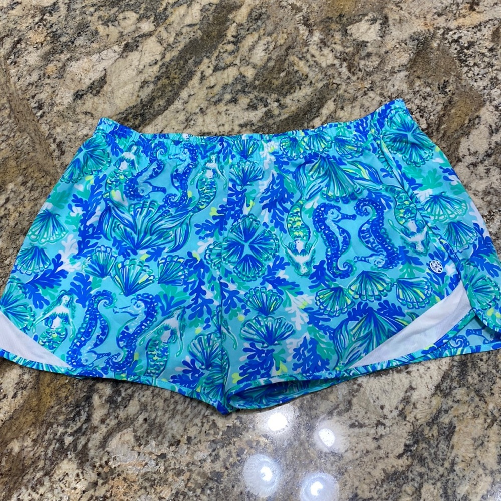 Lilly Pulitzer Luxletic aqua mermaid/ seahorse shorts- Medium